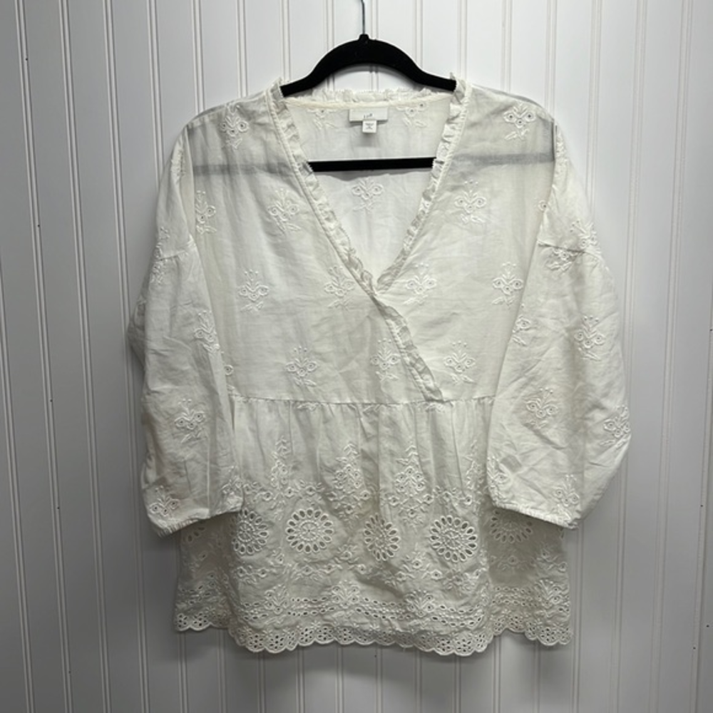 J.Jill Eyelet Surplice White Top‎ Sz XS